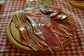 Serbian meze with prosciutto or prÃÂ¡ut prÃÂ¡uta, bacon called pancetta or panÃÂeta, kulen